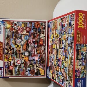 2/$18 White Mountain Puzzles All Aboard Train Signs Roadside America 1000 Comp.